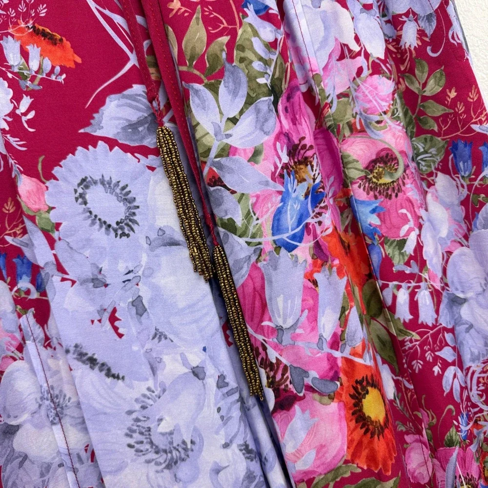 Aratta Silent Journey Pants Womens Small Red Floral Wide Leg Elastic Waist Boho